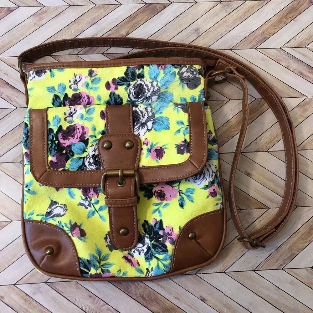 Faux Brown Leather & Green Floral Print Crossbody Bag Purse Grannie Cottage Chic
